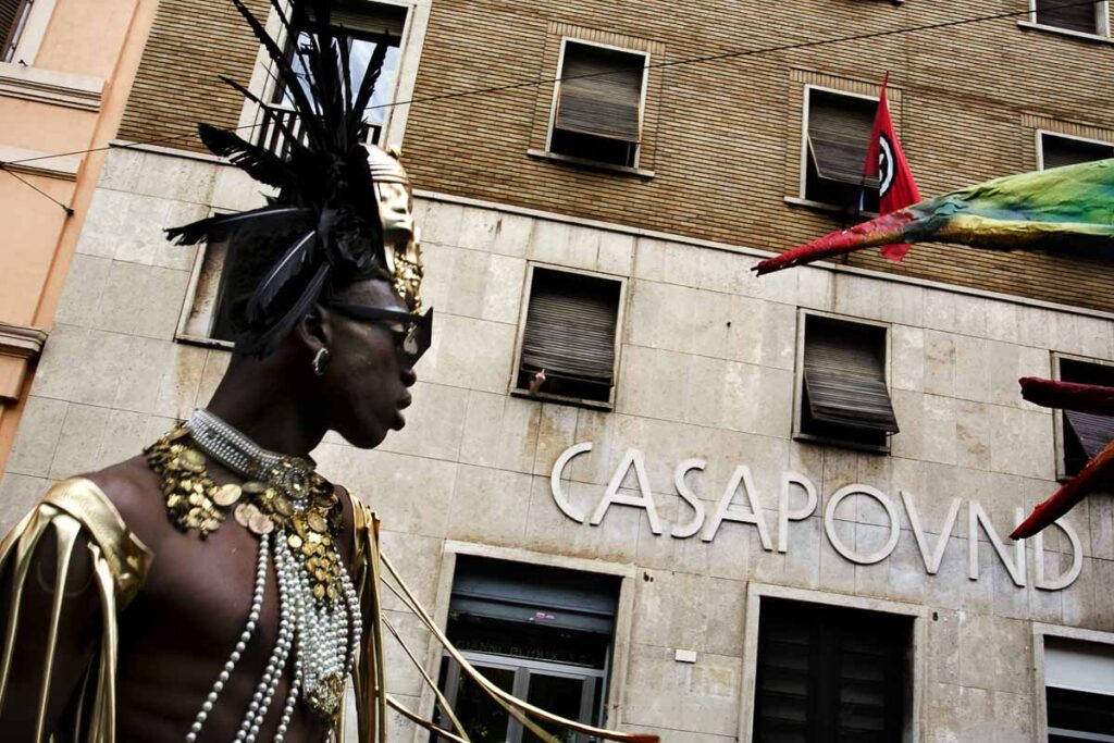13/06/2015 Roma, Pride di Roma, nella foto il carro del Mucca Assassina sfila davanti a Casa Pound